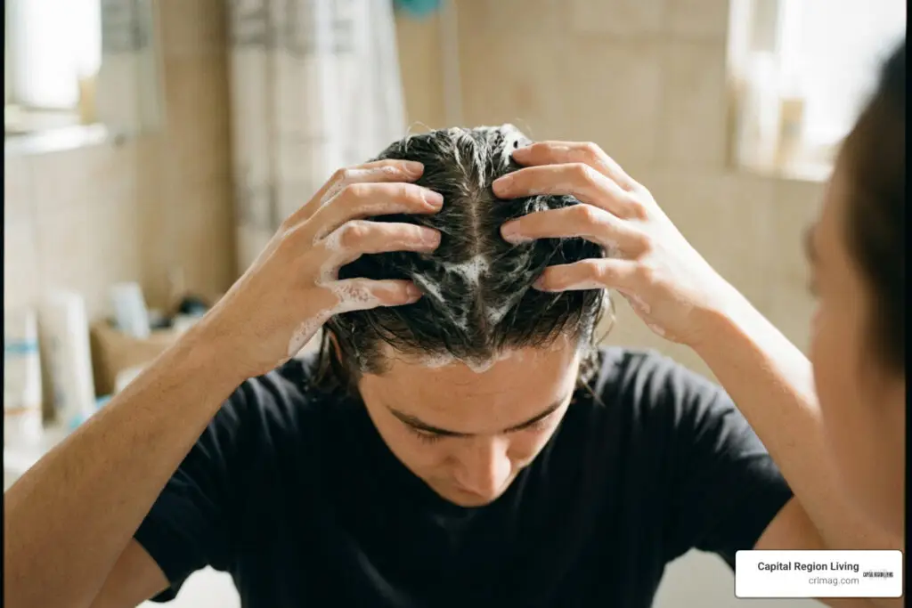 Application of medicated shampoo directly onto the scalp surface