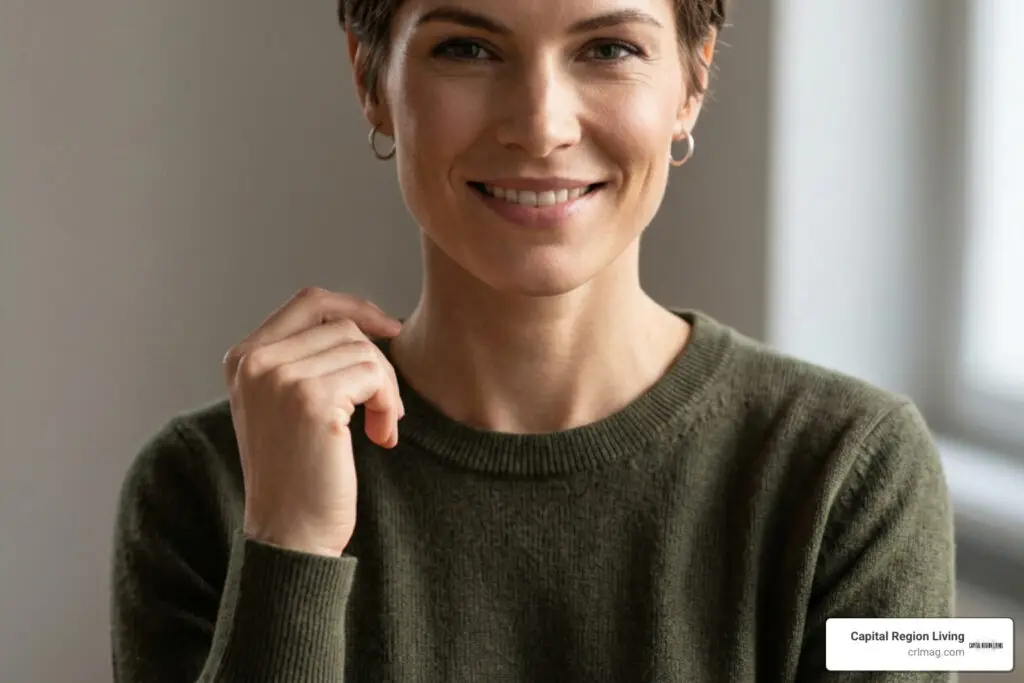 Woman with modern cropped pixie cut showing cheekbone definition