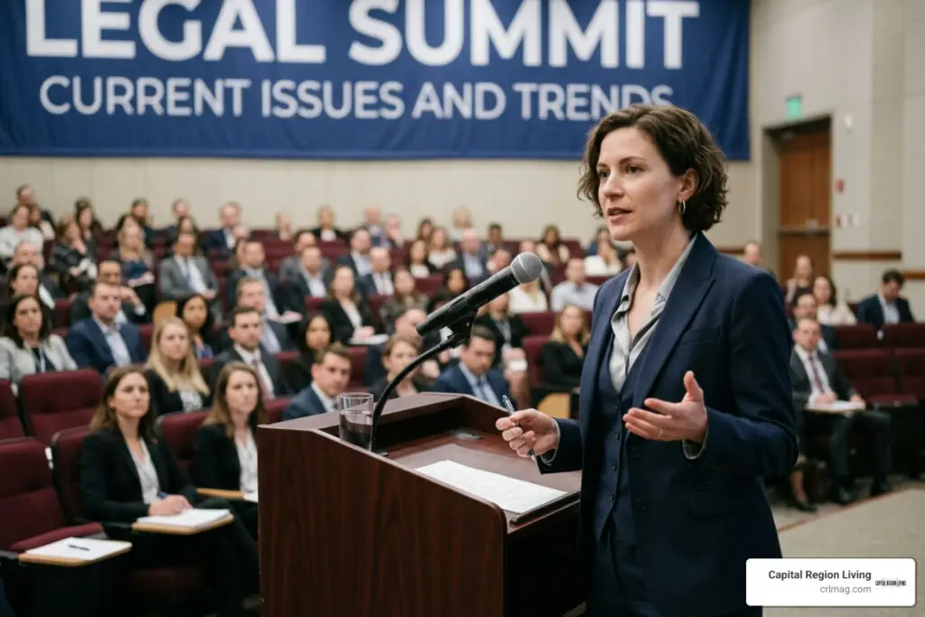Kristy Greenberg speaking at a legal summit
