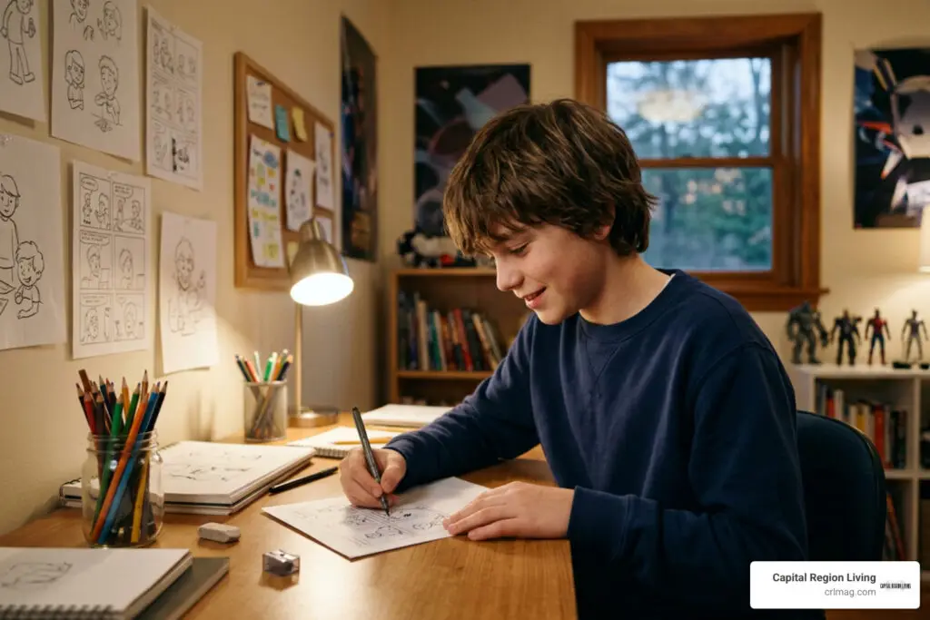 Young Trevor Moore cartooning